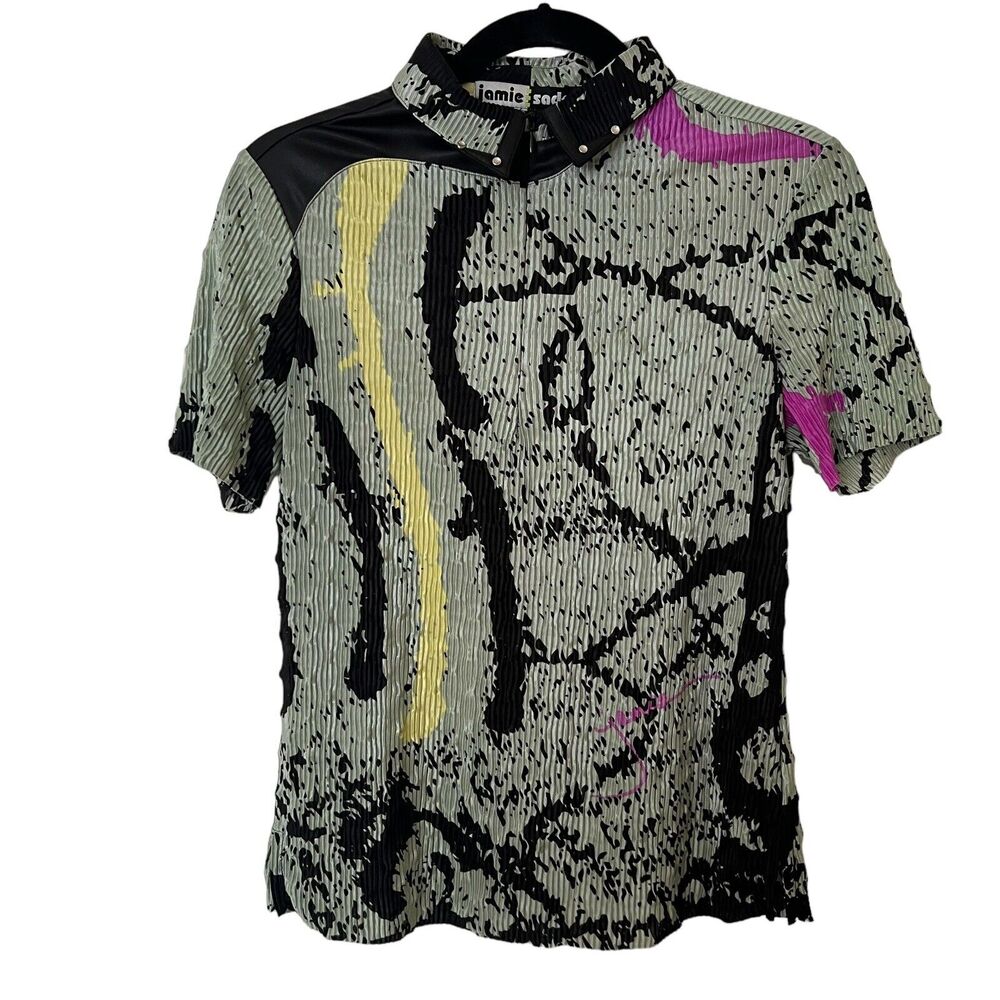 Jamie Sadock Crinkle Faux Leather Green Black Splatter Golf Top - Size Small
